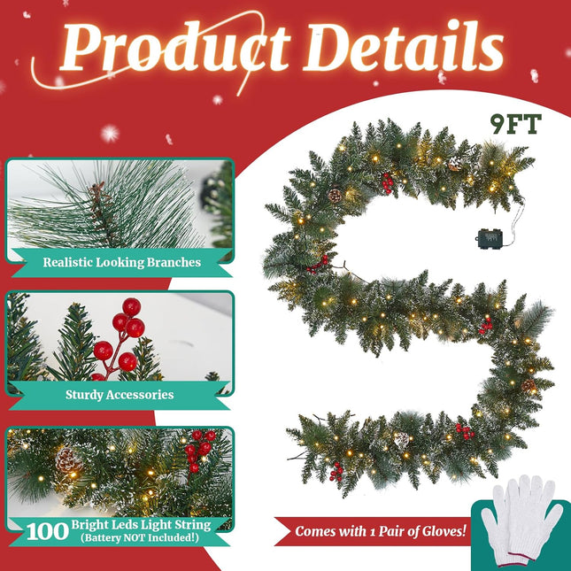 9 Ft Christmas Garland with Lights - Realistic Snow Prelit Christmas Garland with Pine Cones Red Berries Xmas Garland with Timer for Fireplace Railing Door Christmas Decor (Battery NOT Included)