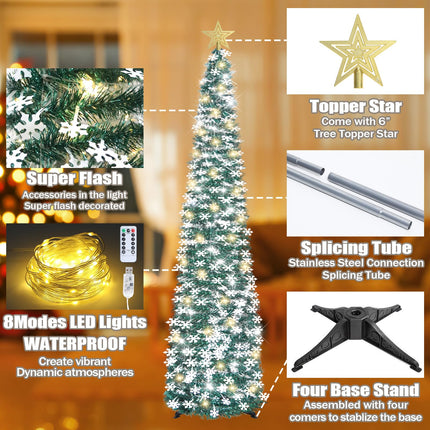 HMASYO 6 FT Pop Up Tinsel Christmas Tree with 100 LED Lights & Remote, Collapsible Artificial Pencil Tree with Snowflake Ornaments Xmas Decoration for Home, Office, Party, USB Powered Timer Lights
