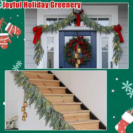 1 Pack Christmas Norfolk Garlands Set 6 Feet Artificial Faux Greenery Garland 4 Cow Bell with Jute Hanging Rope Light String Winter Pine Garland for Xmas Indoor Holiday Decor, Green+White