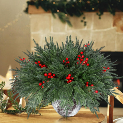 Giegxin 48 PCS Christmas Norfolk Pine Branches with Red Berry Stems 18" Artificial Norfolk Pine Stems Sprigs Artificial Christmas Branches Decorations for Xmas DIY Craft Garland Home Decor