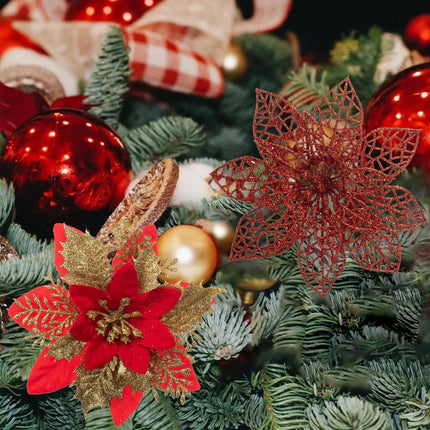 24Pcs Christmas Poinsettia Artificial Flowers and Glitter Berries Kit, 2 Styles Total 16Pcs Christmas Tree Flowers Ornaments, 8Pcs Christmas Tree Picks for Wedding Holiday Decorations, Red Gold
