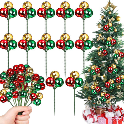 Syhood 12 Set Christmas Tree Picks 7.9 Inch Red Green Gold Christmas Ball Ornaments on Wired Picks Shatterproof Plastic Hanging Ornaments for Xmas Tree Vase Fillers Wreath Crafts Decor