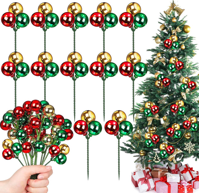 Syhood 12 Set Christmas Tree Picks 7.9 Inch Red Green Gold Christmas Ball Ornaments on Wired Picks Shatterproof Plastic Hanging Ornaments for Xmas Tree Vase Fillers Wreath Crafts Decor