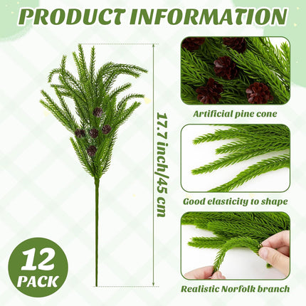 12 Pieces Christmas Norfolk Pine Branches with Pine Cones 18 Inch Norfolk Pine Stems Artificial Norfolk Pin Needle Branches DIY Crafts Faux Greenery for Xmas Home Decor Garland Wreath Craft