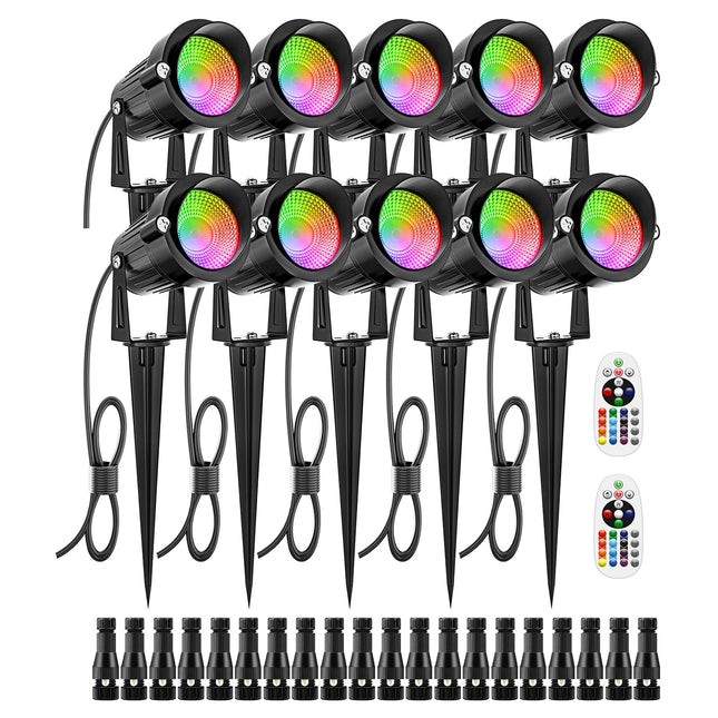 ZUCKEO 12W RGB Color Changing Landscape Lights LED Low Voltage Landscape Lighting, Waterproof Garden Pathway Halloween Christmas Decorative Spot Light Outdoor Indoor (10 Pack with Connector)