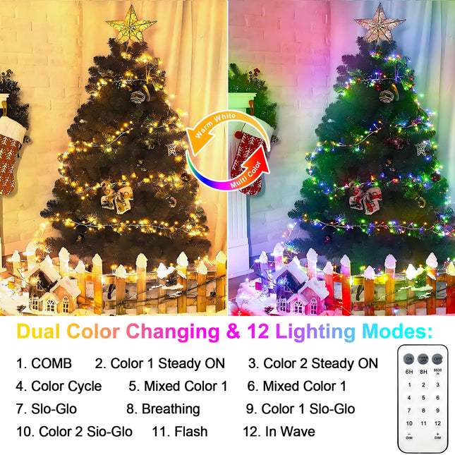 Dual Color Changing Cluster Fairy Lights Battery Operated, 10Ft 200 LED Fairy Lights with Remote Control Timer Waterproof Firecracker String Lights for Indoor Outdoor Xmas Tree Bedroom Decor