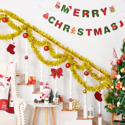 BLEUM CADE 32.8Ft Christmas Tinsel Garland, Gold Tinsel Garland for Xmas Tree Decorations Holiday Birthday Wedding Party Supplies