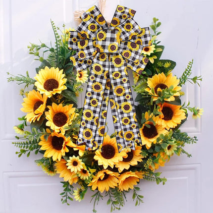 Sunflower Black White Buffalo Plaid Wreath Bow Large Rustic Summer Fall Autumn Sunflower Bow Christmas Tree Topper for Farmhouse Home Indoor Outdoor Wedding Decoration