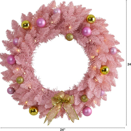 Nearly Natural 24in. Pink Artificial Christmas Wreath with 35 LED Lights and Ornaments