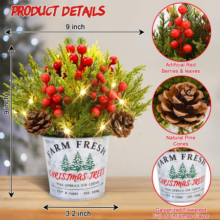 2 Pack Christmas Table Decorations, Potted Christmas Tree with Lights, Pine Cones and Berries, Christmas Plants Artificial, Christmas Centerpieces for Tables, Home, Mantel Holiday Decor