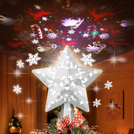 Christmas Tree Topper, Christmas Star Tree Topper Built-in LED Rotating Lights, Plug in 3D Sliver Glittered Star Tree Topper for Xmas Party Holiday Decorations