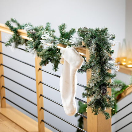 Sullivans 9' Prelit Christmas Garland, Christmas Decor, Garland Christmas Decorations, Artificial Flocked Pine Garland For Mantle with Lights, Pinecones, Battery Timer, and Gold Accents, Holiday Decor