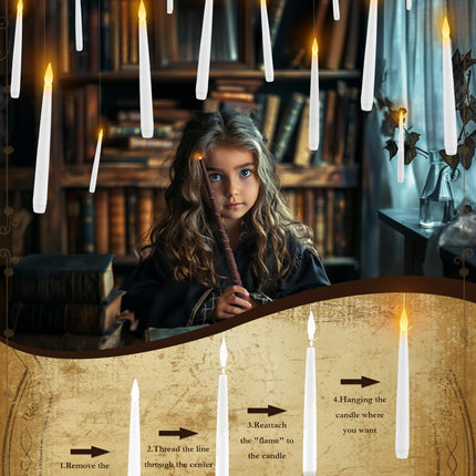 20 Pcs Floating Candles with Wand, Hanging Candles with Timer, Magic Deco Candles Flickering Warm Light, Flameless Taper Candles with Wand Remote, LED Candlesticks for Birthday Halloween Party Decor
