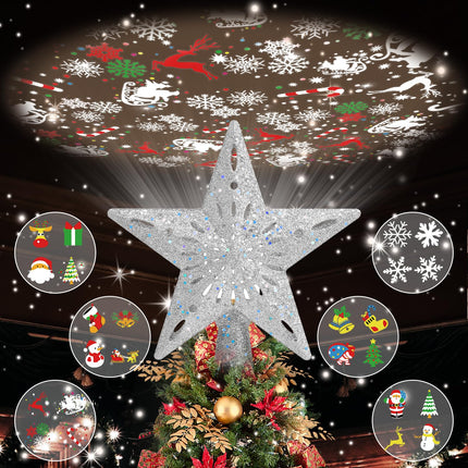 Christmas Tree Topper Lighted with 6 Projected Patterns, Christmas Star Tree Topper Built-in LED Rotating Lights, 3D Glitter Projector for Party Holiday Xmas Decorations s (Sliver)