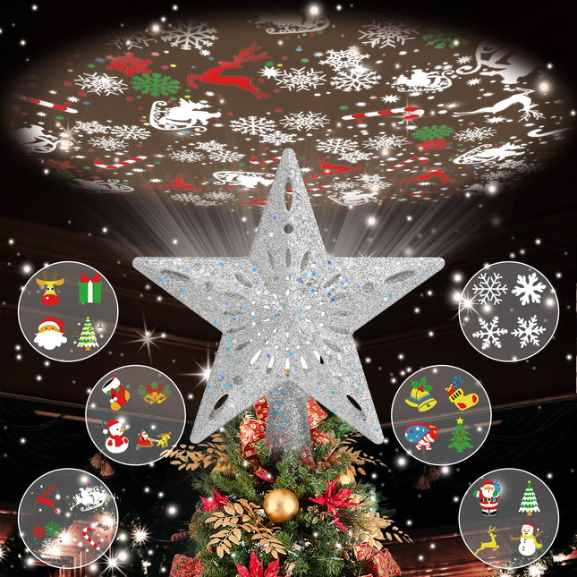 Christmas Tree Topper Lighted with 6 Projected Patterns, Christmas Star Tree Topper Built-in LED Rotating Lights, 3D Glitter Projector for Party Holiday Xmas Decorations s (Sliver)