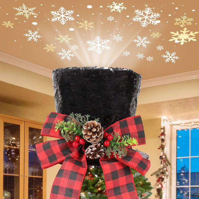 HOHOTIME Christmas Tree Topper Hat with Lighted Snowflaker, HOHOTIME Double-Sided Sequins Christmas Tree Topper with Buffalo Plaid Red Black Bow, Pine Cones and Red Berries for Xmas Tree Decorations