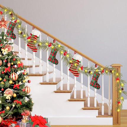 Christmas Garland with Lights, 6 FT Battery Operated Artificial Greenery Garland with Timer, 20 LEDs, Pine Cones and Red Berries for Mantle, Front Door, Stairs Railing Decoration (1 Pack)
