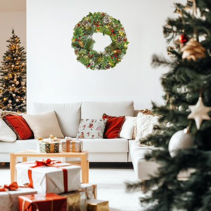 18Inch Christmas Wreath, Artificial Prelit Christmas Wreath with Lights for Door, Battery Operated Lighted Indoor Christmas Wreath