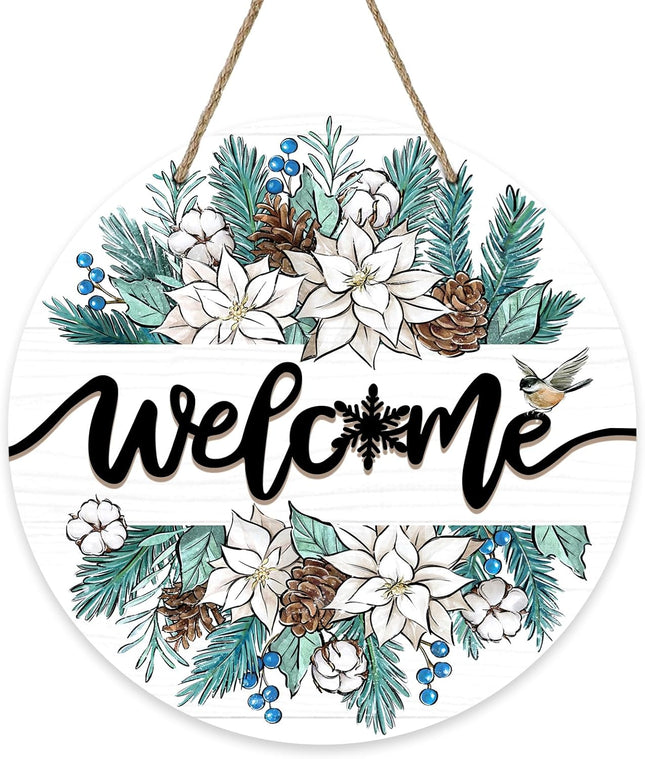 Deroro Welcome Winter Pine Branches Front Door Sign, White Poinsettia Pine Cone Snowflake Wood Door Hanger Outdoor Outside Porch Decor, Christmas Garland Wooden Wreath Indoor Wall Hanging Decoration