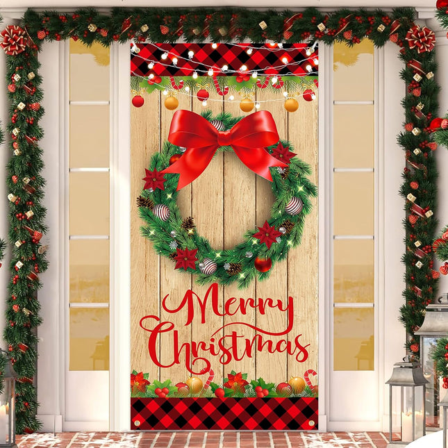 Merry Christmas Door Cover Decorations Wood Grain Christmas Wreath Door Banner Xmas Small Buffalo Plaid Edge Door Cover Banner for Farmhouse Front Door Decoration Year Christmas Party Supplies