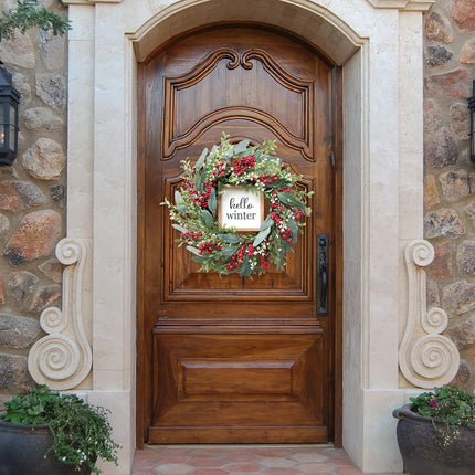 TEMPUS Christmas Wreath for Front Door 18’’ Red Berries Artificial Leaves Wreath with Hello Winter Sign Winter Wreath for Christmas Farmhouse Home Outdoor/Indoor Decor