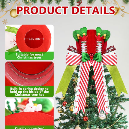 Christmas Tree Topper Hat, Elf Legs Xmas Tree Toppers Large Red Velvet Hat with Lengthened Bowknot, Christmas Tree Ornaments for Christmas Holiday Home Decoration