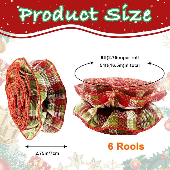 6 Rolls Christmas Tree Ribbon Garland Ruffled Wired Plaid Ribbon Garland for Christmas Tree White Red Green Plaid Ribbon Xmas Tree Garland Vintage Rustic Farmhouse Home Decor 54 Ft (Grid)
