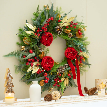 Pre-lit Christmas Wreath with Lights,24 Inch Outdoor Christmas Wreaths for Front Door,Green Eucalyptus Olive Leaves Winter Door Wreath with Pinecones,Red Flower-Lighted Xmas Holiday Wreath