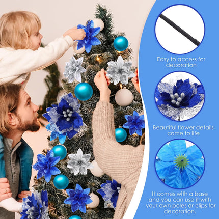 Jutom 40 Pcs 12.3/5.5 Inch Christmas Glitter Poinsettia Faux Flowers Blue Silver Poinsettias Artificial Flowers Ornaments Christmas Tree Decoration Poinsettia Christmas Decorations for Wedding Party