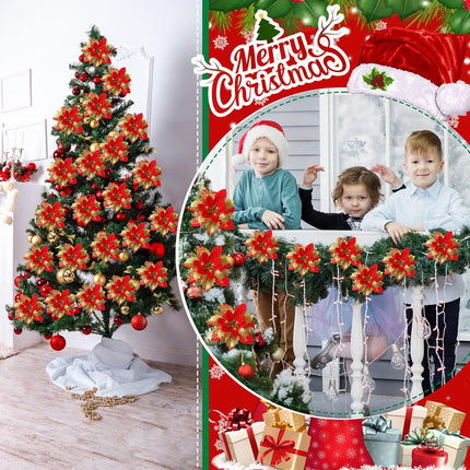 Lyrow 60 Pcs 6 Inch Christmas Glitter Poinsettia Flowers Decorations with Clips and Stems Christmas Tree Ornaments Artificial Poinsettia for Xmas DIY Wreath Crafts Party Decor(Red with Gold)