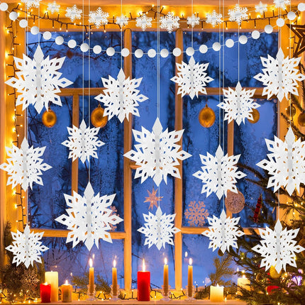 PLULON 18 Pcs 3D Christmas Snowflake Hanging Decorations Winter Wonderland Party Ornament White Snowflakes Garland Paper Snow Flakes Indoor for Christmas Year Baby Shower Birthday Home Decorations
