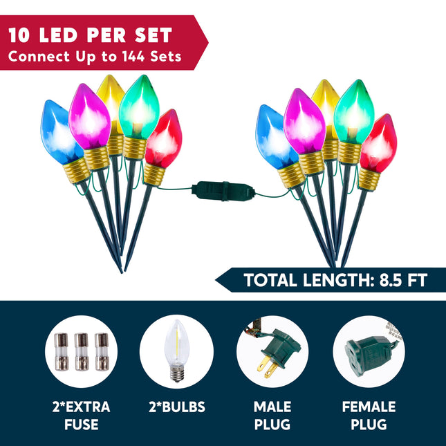 Joiedomi 17FT C7 Christmas Pathway Lights, 10 Pack Large LED Bulbs Stake Lights, Multicolor Outdoor Walkway Lights Waterproof Connectable for Christmas Holiday Yard Garden Lawn Driveway Decoration