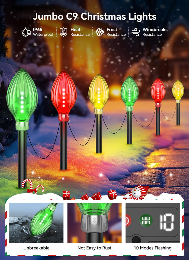 12 Pack Jumbo C9 Christmas Lights Outdoor, 44 Ft Extra Long String Lights Christmas Decorations Outdoor, 60 LED Solar Christmas Lights 2 Charging Ways Waterproof Outdoor Decoration for Pathway Yard