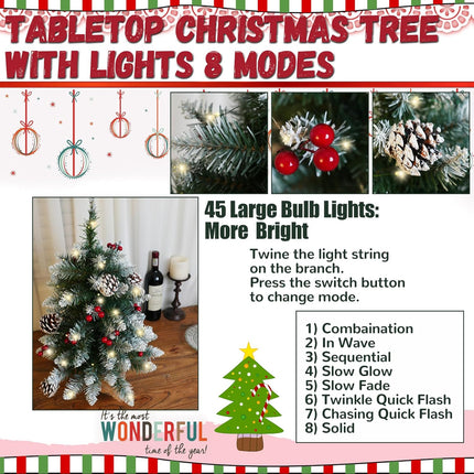 Mini Christmas Tree 2FT with Lights丨White Tabletop Christmas Tree with Flocking Snow Frost Tips Berries Wood Base with Burlap 55CM Small Xmas Pine Tree for Holiday Home Decoration