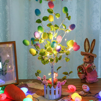 24" Pre Lighted Easter Egg Tree Tabletop Decoration with LED Light Indoor Glow Easter Egg Tree Table Decor for Home Party Wedding Holiday Spring Decoration Easter Party