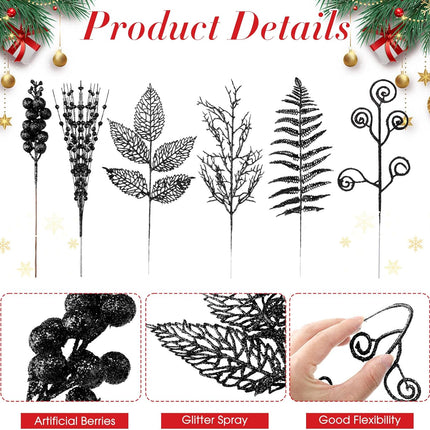 Ceenna 48 Pcs Glitter Christmas Tree Picks and Sprays Artificial Christmas Berries Stems Branches Beaded Stick Floral Twig Spray Leaves for Xmas Tree Ornaments DIY Vase Wreath Crafts(Black)