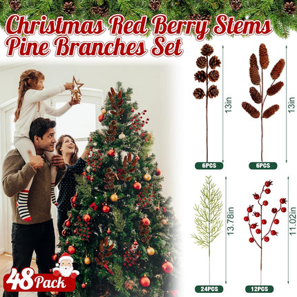 48PCS Christmas Berries Pine Picks Bulk Artificial Berry Stems Frosted Pine Branches Xmas Tree Picks Pinecones Vase Bouquets Wreath DIY Craft(Classic)