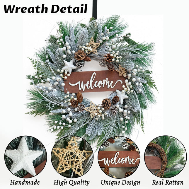 Winter Wreaths for Front Door 24 Inch Outdoor Christmas Snow Covered Wreath Artificial Flocked Spruce Wreath with Pinecones,White Berries,Green Evergreen Xmas Holiday Welcome Wreath Decor