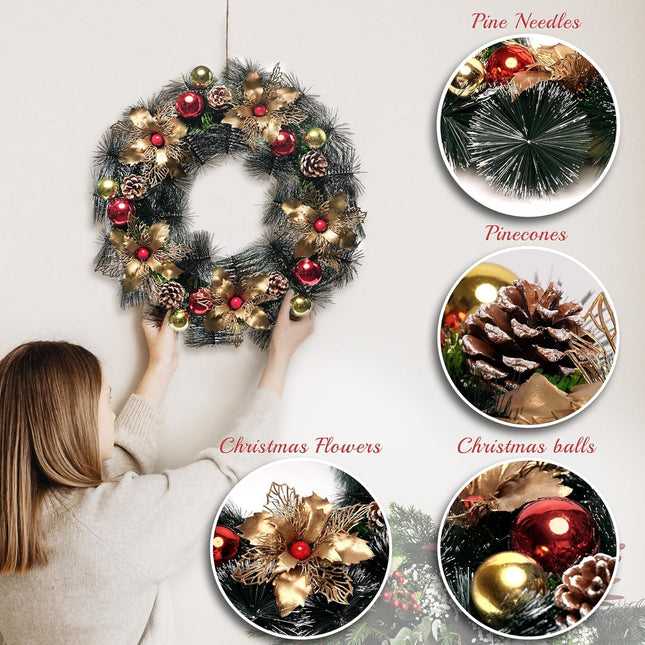 20'' Artificial Christmas Wreath with Storage Bag, Green Pine, Gold Red Ball, Pine Cones, Snowflake, Xmas Indoor Outdoor Decoration, Festive Winter Holiday Decor for Front Porch (20GOLD)