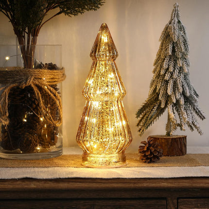 Christmas Decorations-Light Up Gold Mercury Glass Christmas Tree-Tabletop Christmas Tree with LED Light for Home Kitchen Table Mantle Shelf Party Centerpiece