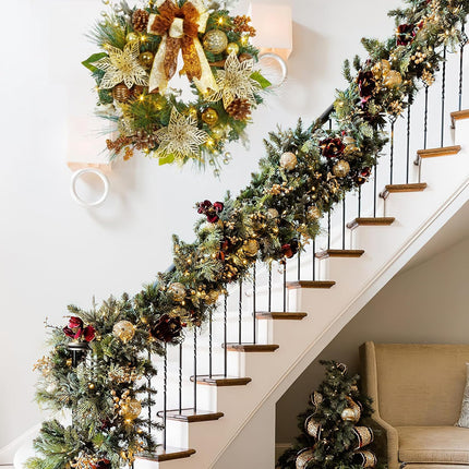 24 Inch Christmas Wreath with Lights, Battery Operated Outdoor Christmas Wreath for Front Door with 20 LED Lights Timer Gold Ball Ornaments Pine Cones and Bow for Home Holiday Decor