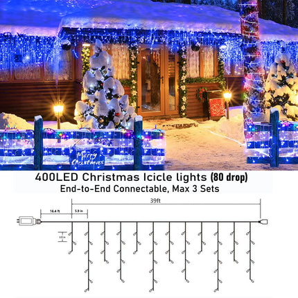 Joomer Christmas Icicle Lights, 400 LED 80 Drops 39Ft 8 Modes Waterproof Christmas Lights Outdoor Connectable with Timer for Holiday, Wedding Party, Eaves, Christmas Decorations (Blue)