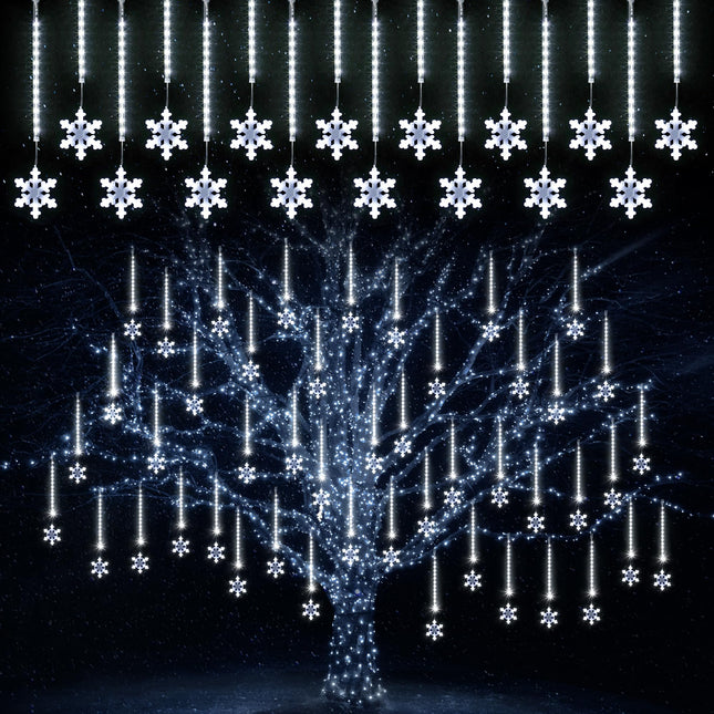 Enhon 2 Pack Meteor Shower Snowflake Lights Outdoor with Timer, Total 480 LED 12in 16 Tube Connectable Waterproof Meteor Rain Drop Christmas Light with Snowflake for Xmas Tree Roof Garden(Blue)