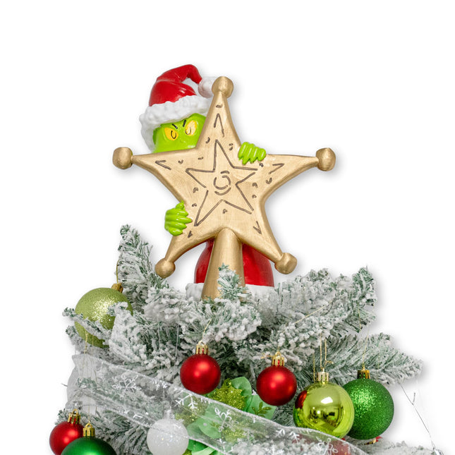 10 inch Christmas Tree Topper, Cute and Funny Christmas Thief Hiding Behind Gold Star Sculpted Tree Topper, Hand-Painted Unique Red Green Xmas Monster Decorations for Table Shelves Home Indoor