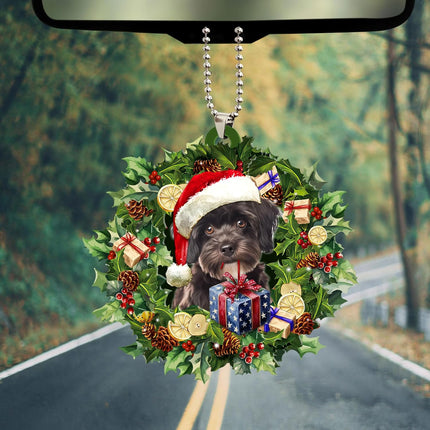 Talataca Schnoodle 2D Flat Christmas Ornament, Schnauzer Poodle Mix Wearing A Christmas Hat Wreath Pine Tree Decor, Hanging House Charm Eve Keepsake, Car Rear View Mirror Accessories, Xmas