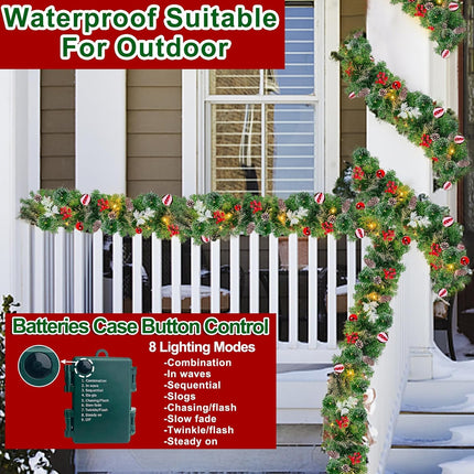 6 Ft Prelit Christmas Garland Decoration with 30 Lights Timer 8 Modes 20 Snowy Bristle Pine,12 Ball Ornaments, 12 Pinecones,132 Red Berries,4 Cypress Leaves Battery Operated for Home Indoor Xmas Decor