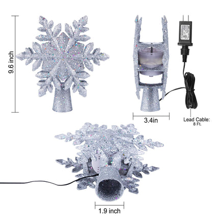 Christmas Tree Topper Lighted with Built-in Led Rotating Snowflake Projector Lights, 9.6” Hollowed Tree Topper with Silver Spangles Plug In for Indoor Home Xmas Year Party Holiday Night Tree Decor
