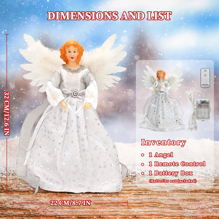 Christmas Angel Tree Topper with White Feather Wings, Elegant Lighted Tree Top Ornament for Indoor Home Holiday Party Christmas Decoration, 12 Inch, Silver