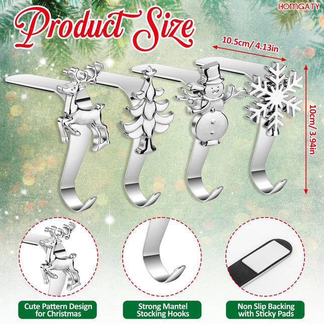 Homgaty Christmas Stocking Holders for Mantle, 4 Pack Christmas Stockings Hooks with Adhesive, Mantle Fireplace Topper Holder Hooks Xmas Stocking Clips Christmas Decorations