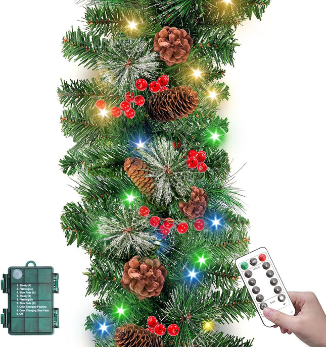 Christmas Garland 9FT Multicolored or Warm Light, Christmas Garland Battery Powered, 8 Lighting Modes 50 LED Lights, Red Berry Christmas Pine Cone Indoor Outdoor Christmas Decor